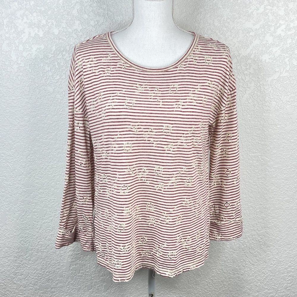 Lucky Brand Red Cream Striped Floral Embroidered Cutout Cuffed Long Sleeve Top M